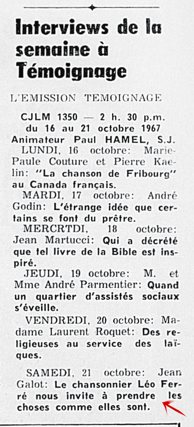 Léo Ferré - L'Action populaire, 1913-1970 (Joliette), 11 octobre 1967, Troisième cahier